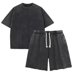 Men's 2-Piece 100% Cotton Menswear Set - Vintage Washed, Oversized Round Neck T-Shirt & Plain Black Shorts, Acid Wash, Cozy Breathable Streetwear Loungewear for Gym, Beach, 2 Piece Sets, Men's 2 Piece Sets
