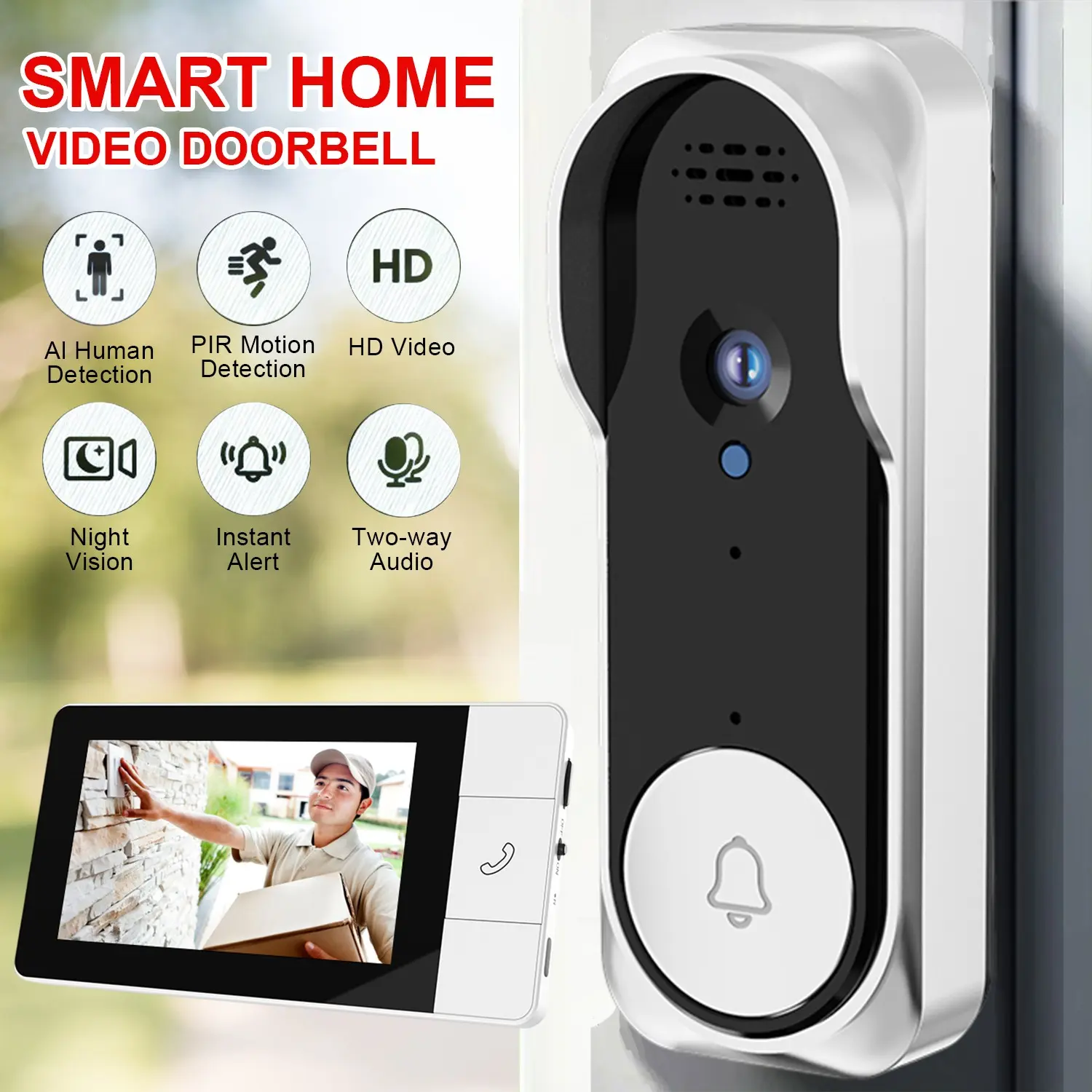 Wireless Video Doorbell with 4.3 Inch Color Screen, 2.4g Connection, Night Vision, Waterproof Ip66, Long Battery Life, No APP Needed, Wireless Smart Doorbell