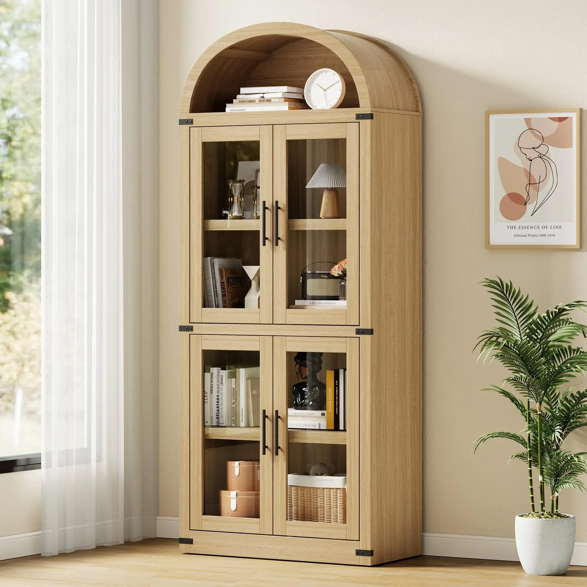 Arched Bookshelf with Doors Farmhouse Bookcase 15.83in Depth Display Storage Shelves 71.4in Tall Wooden Display Cabinet Rounded Bookcases for Living Room, Kitchen, Office wood