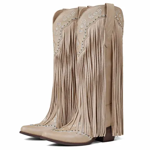 AOSPHIRAYLIAN Women's Embroidered Western Suede Cowboy Boots - Footwear with Full Fringe Sways, Intricate Decor, Above the Ankle But Below the Knee, Cowgirl and Outlaw Style, All Seasons Vintage-Inspired Shoe for Festival, Casual Wear