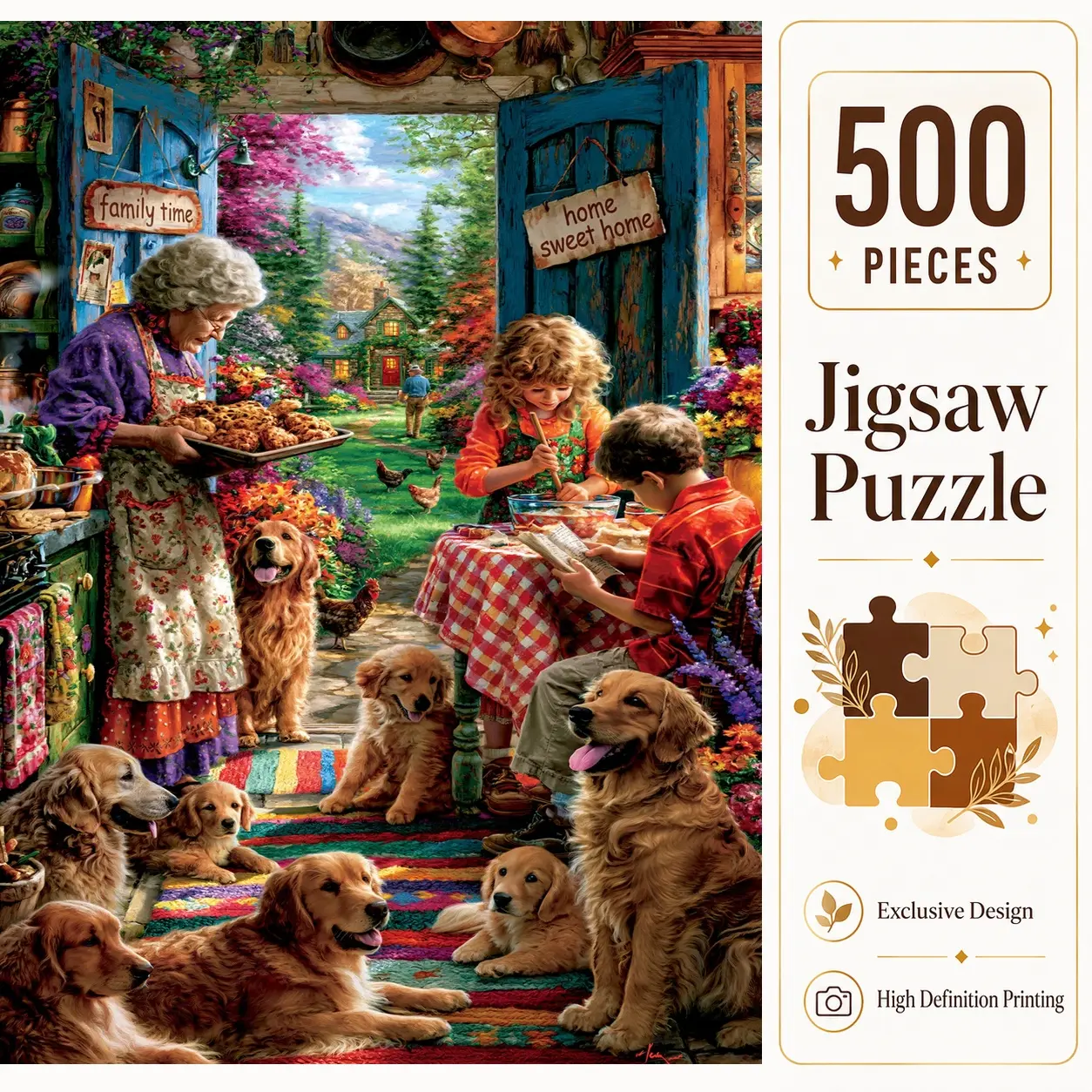Cozy Family Dogs 500 Pieces Jigsaw Puzzle, Golden Retriever Cottage Home Art Hobby Puzzle for Adults, Family Game for Relaxation, Brain Exercise Challenge, Wall Decor, Gift for Dog Lovers and Seniors, 15x20.5inch(38x52cm)