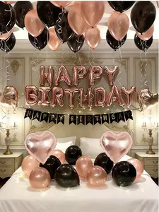 43-Piece 16-Inch Rose Gold & Black Latex Balloon Set with "Happy Birthday" Slogan Flag for Birthday Party, Graduation, and Ceremony Decorations