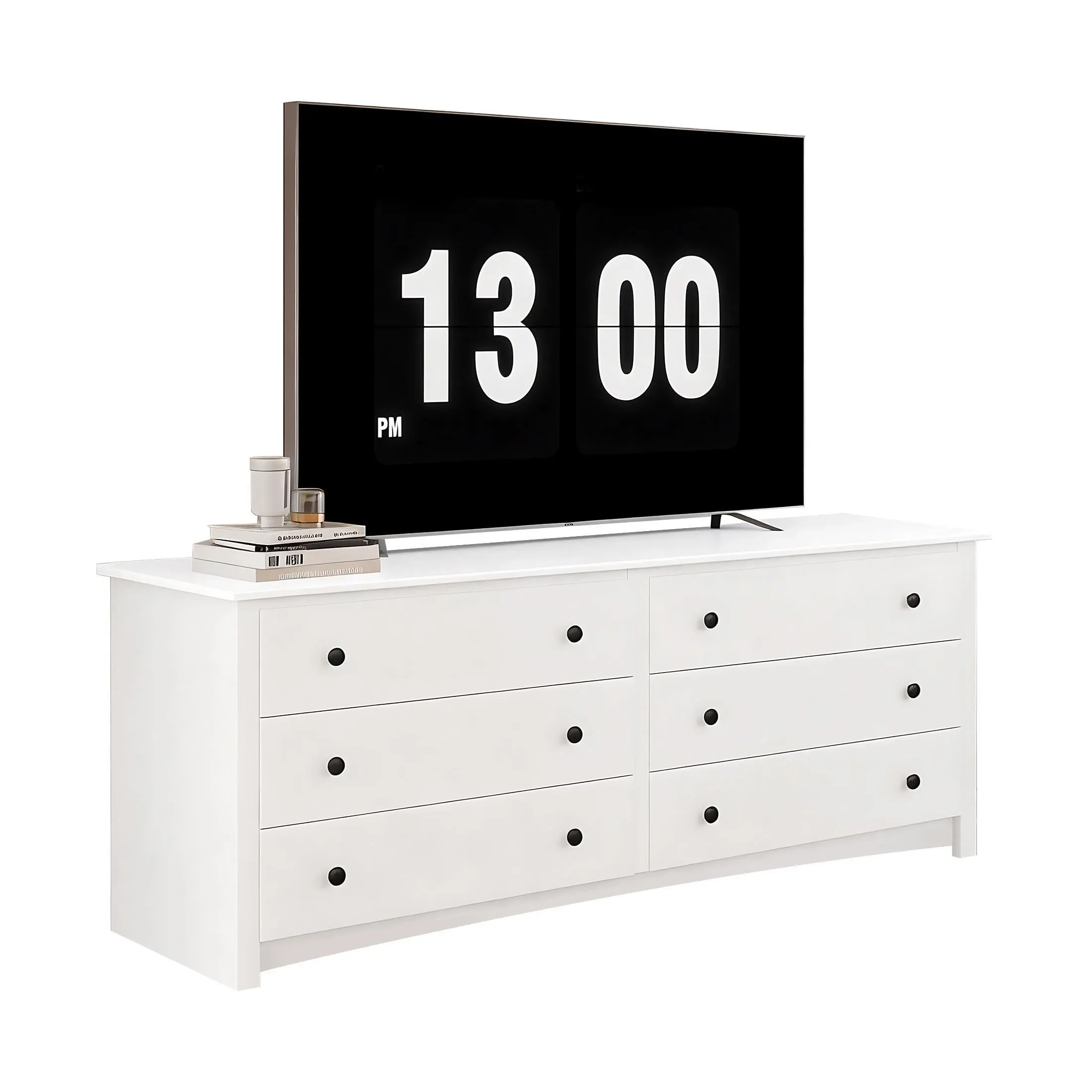 A TV cabinet with 6 drawers, a 59-inch wooden wardrobe, and a bedside table