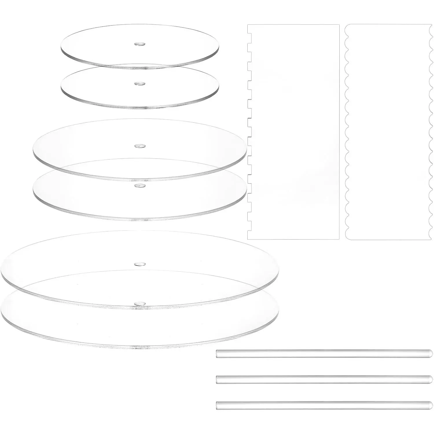 11 Pieces Acrylic Cake Discs Set Clear Decorating Supplies with 6 2 Icing Scraper and 3 Center Dowel for Tier Making Serving Bake Goods 6.25/8.25/10.25 Inch