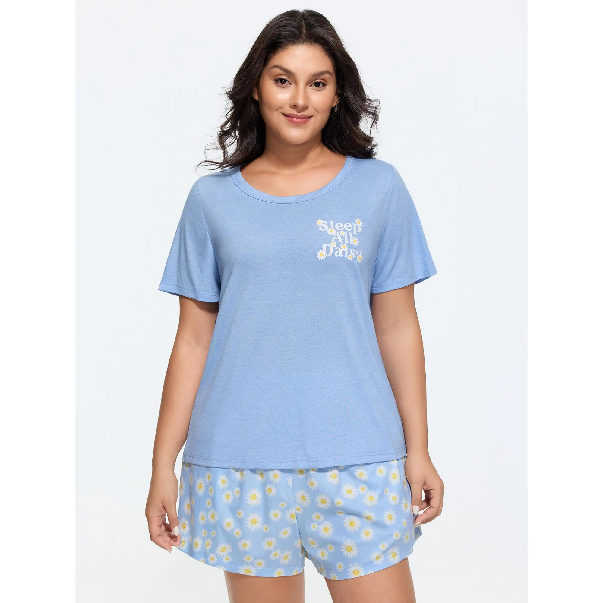 BloomChic Plus Size Women's Supersoft Ditsy Floral Pajama Set, Smocked Short Sleeve Top and Bottoms with a Hidden Pocket, Tops, Spandex, Nightwear, Loungewear, Garment, Shortsleeve, Fit, Casual, Fabric, Plus Size 2 Piece Sets, Pj Sets For Women