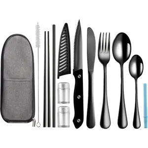 Travel Utensils with Case,Reusable Utensils,Portable Travel Camping Cutlery Set,Stainless Steel Flatware Set,Lunch Boxes For Workplace,Camping,School,Picnic (Black)