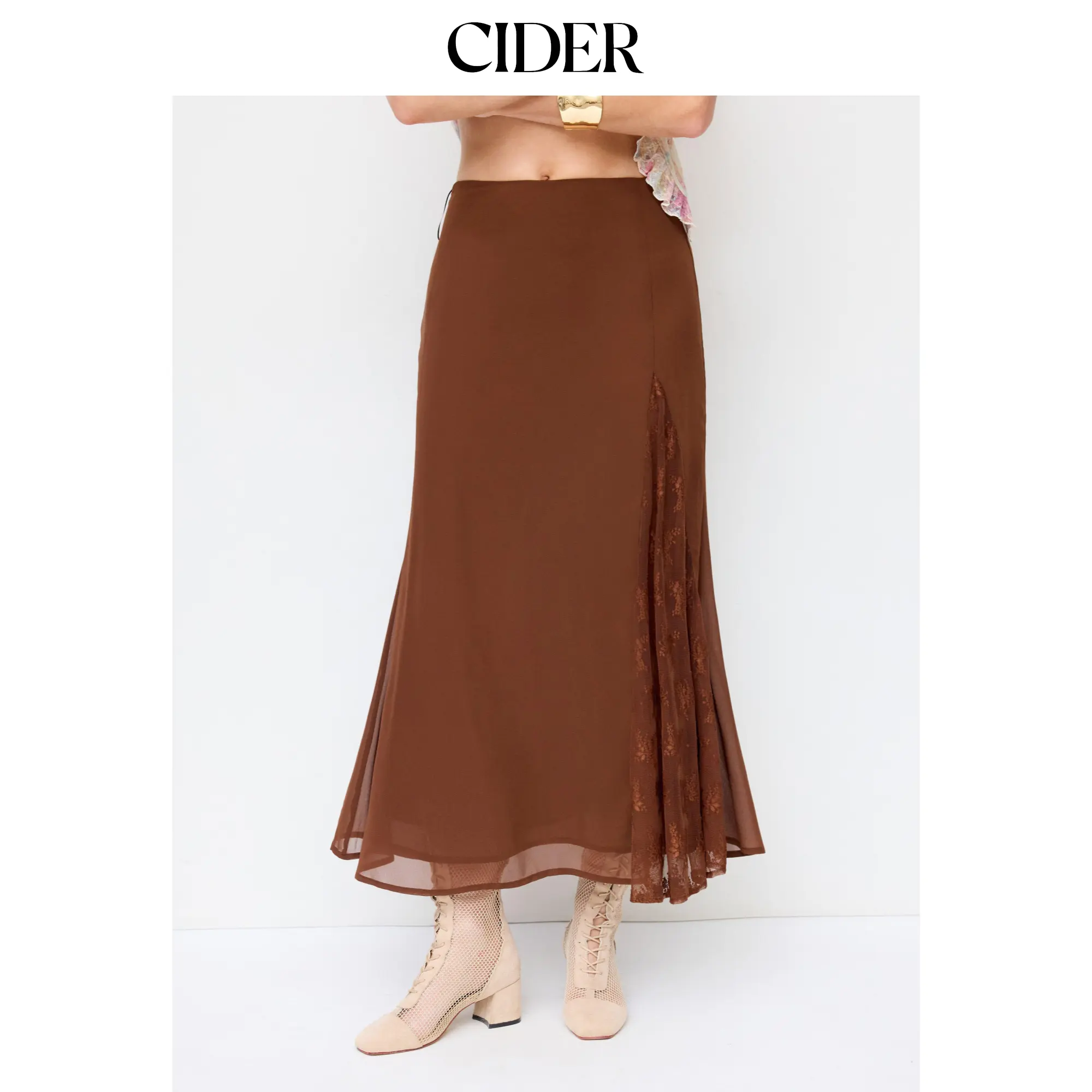 Cider Women's Chiffon Mermaid Maxi Skirt, Elegant Mid Rise Bottom with Sheer Lace Panel Detailing, Lightweight, Mid Waist