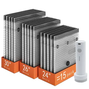 ADTO Cordless Travel Vacuum Bag Set 15-Pack Compression Bags for Carry-On Suitcases 140L/Min Powerful Air Removal USB Rechargeable Handheld Pump with Built-In Battery Space Saver for Clothes & Packing Organiser Durable-Gift fathersdaygift