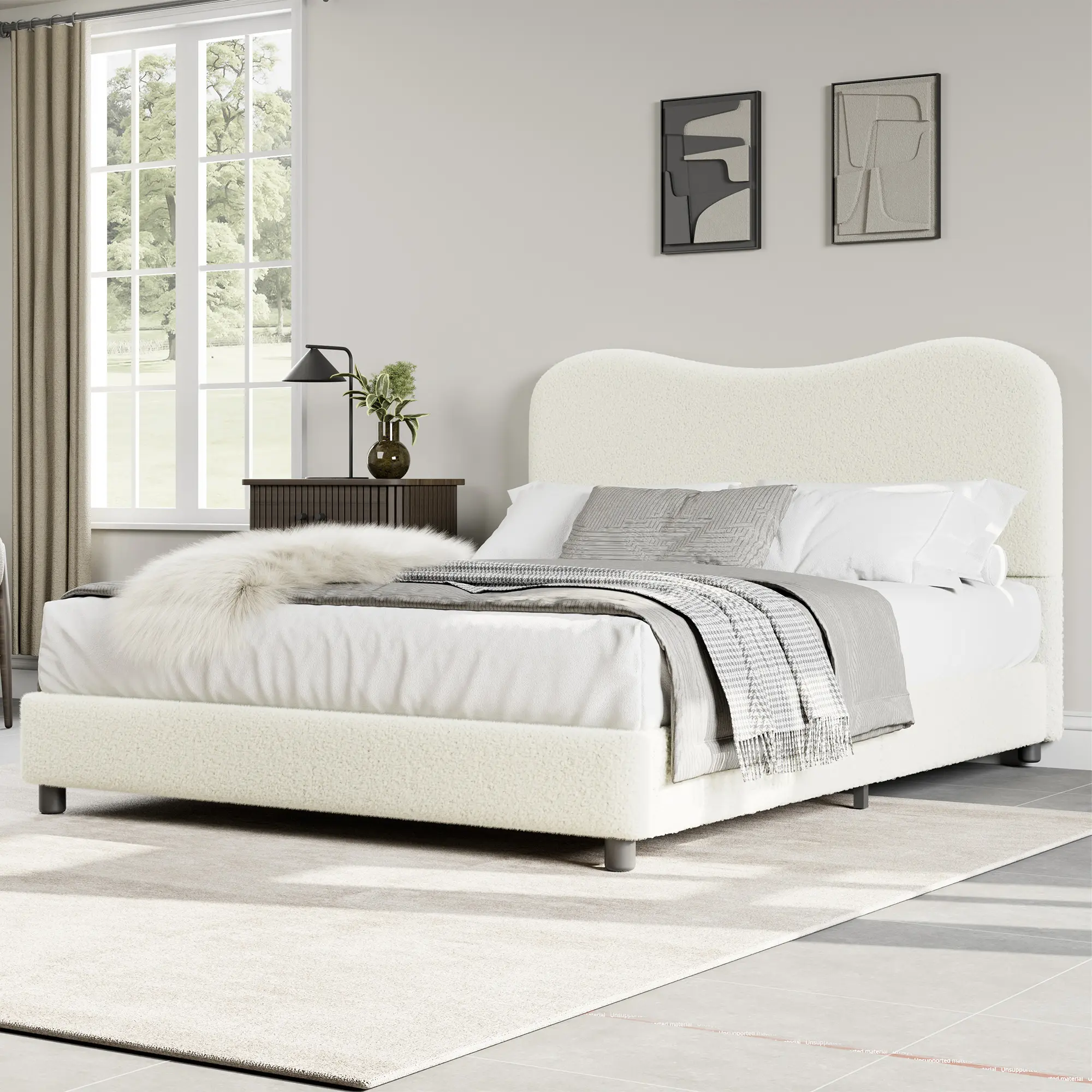 Cream Bed Frame - Modern Lamb Fleece Minimalist Low Profile Kid-Ready Platform Bed, No Box Spring Needed, Soft Upholstered Full-Width Backrest, Sleek Sleep for Modern Bedroom, Twin/Full/Queen Sizes