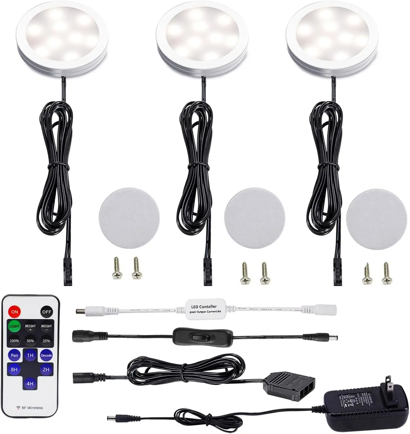 Dimmable LED Under Cabinet Lights – 3 Puck Lights Kit with RF Remote, Natural White 4000K, 10-Level Dimming, Ultra-Slim for Kitchen Counter Display