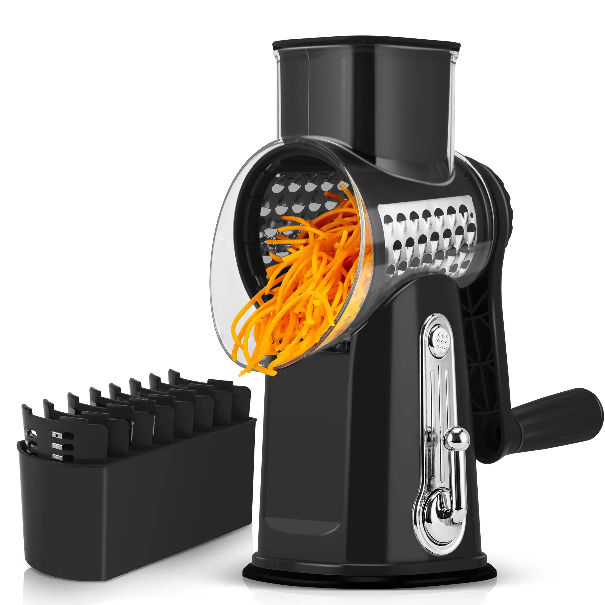 SUSTEAS Rotary Food Cheese Grater - 5 Replaceable 18/10 Stainless Steel Blades, Strong Built-in Suction Base, Multi-Purpose Manual Slicer-Grater Mandolines, Vegetable and Herb Slicer Mandolines, Black Kitchen Utensil