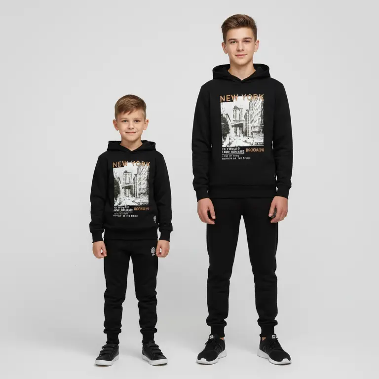 Kids' Cozy Fleece Black Hoodie & Joggers NYC Street Style Set with Bold Graphic Design and Edgy Black Streetwear for Trendy Kids