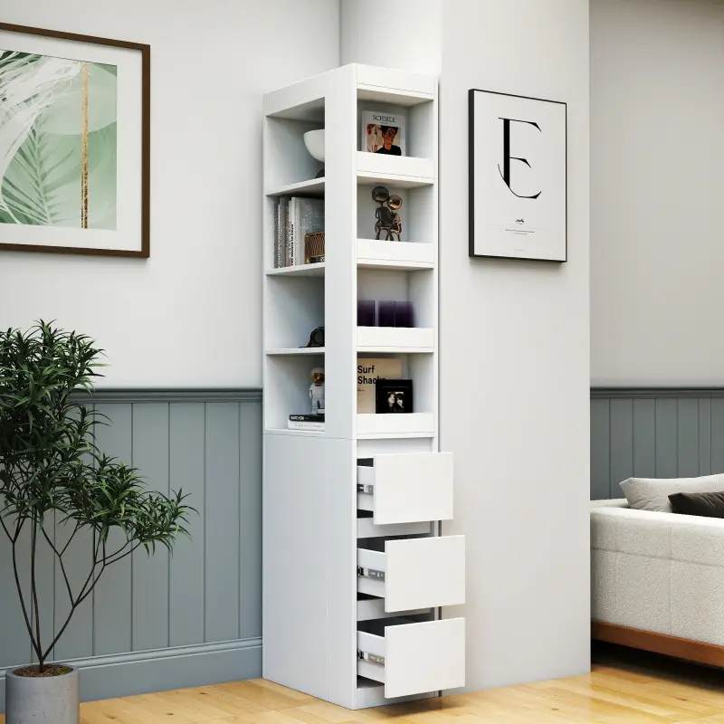Modern Wooden 70.87" H Display Storage Cabinet - 4-Tier Book Shelf, 3 Side Drawers, 4 Small Display Shelves - Tall Bookcase with Modern Wooden Finish for Living Room Use, Home Office