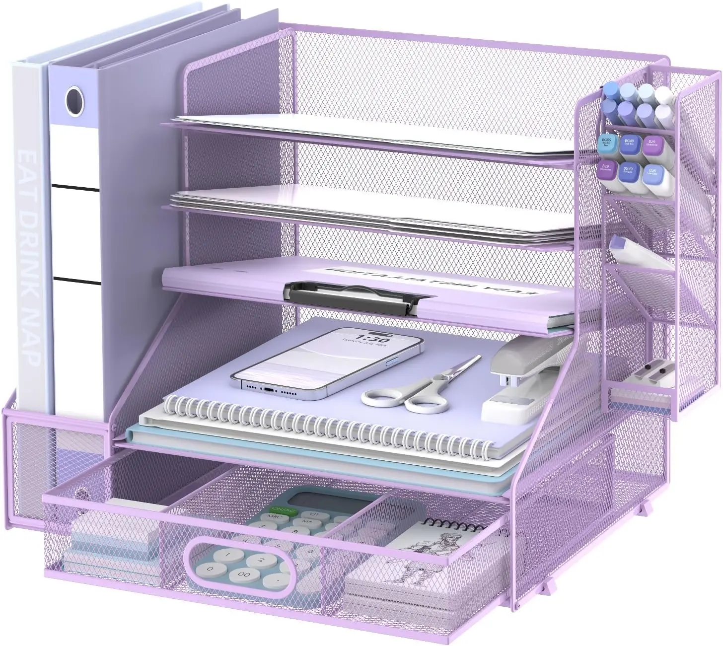Desk Organizer with File Holder, 5-Tier Mesh Paper Letter Tray Organizer with Pen Holder and Drawer, Desktop Organizer and Storage with 3 Tilted File Sorter for Office Supplies, Purple