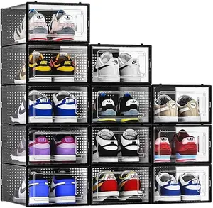 12-Pack Clear Shoe Storage Bins – Stackable Plastic Shoe Organizer for Closet, Space-Saving Foldable Shoe Rack, Sneaker Holder with Black Frame