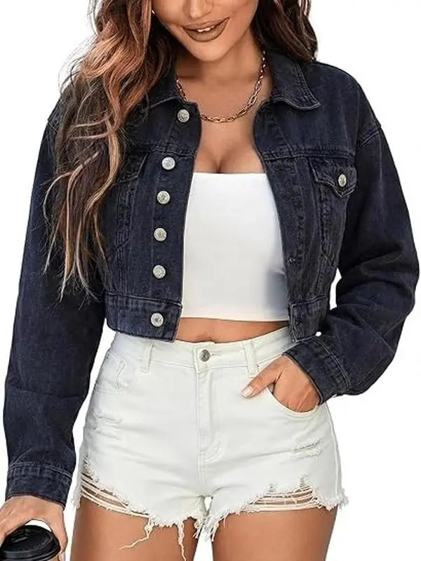 【NEW-IN SALE】EMMIOL Cropped Denim Jacket for Women Vintage, Oversized Jean Jacket Distressed Dark Wash, Baggy Short Coat