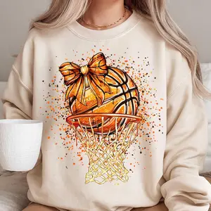 Coquette Basketball Mom Adult/Youth Sweatshirt – Cute Game Day Bow Tee, Splatter Basketball Graphic, Trendy Sport Aesthetic Top for Moms
