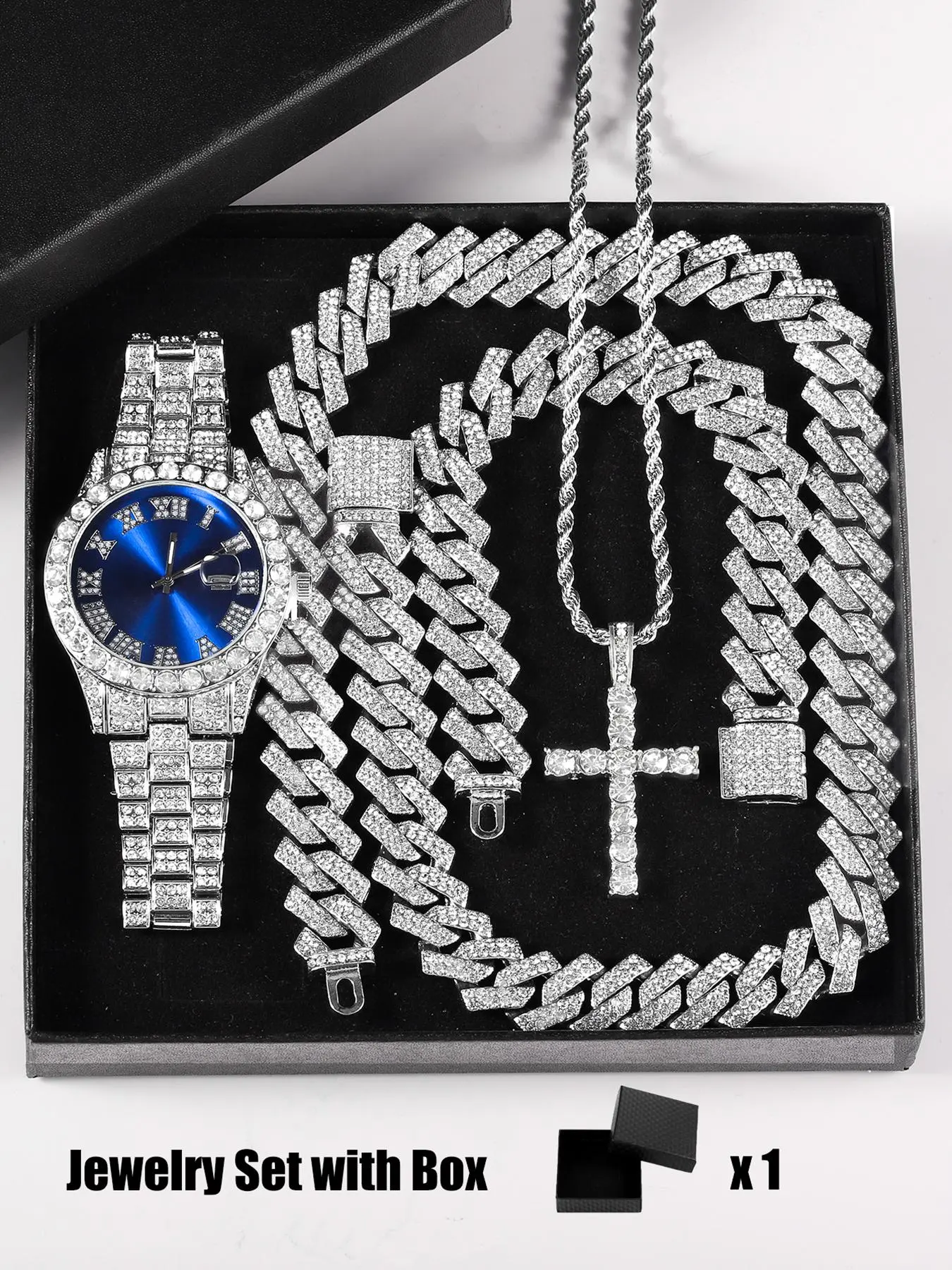4-Piece Luxury Gift Set with Large-Size Watch, Necklace and Bracelet, Men's Cross Punk Style Quartz Watch, Stylish Jewelry Watch Set for Holiday Gifting