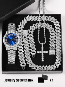 5-Piece Luxury Gift Set with Large Size Watch, Necklace and Bracelet, Cross Punk Style Quartz Men's Watch for Holidays, Jewelry Watch Set