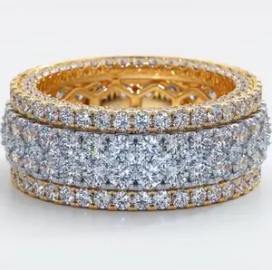 Gold Plated Triple Row CZ Eternity Ring, Full Pave Round Cut Cubic Zirconia Band, Hypoallergenic Stackable Wedding Ring, Sparkling Statement Jewelry for Women, Ideal for Bridal, Anniversary & Daily Wear