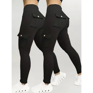 2pcs Women's High-Waisted Pocket Cargo Leggings - Quick-Dry, Stretchy Polyester/Elastane Blend, Ideal for Running, Yoga & Gym Workouts, Machine Washable, Plus Size Leggings