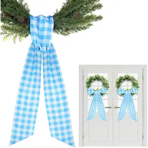 Blue Sash for Wreath Front Door - 2 Pcs Check Wreath Sashes for New Party Spring Window Porch, 55.5 Inch Blank Cotton Plaid Wreath Sash for DIY Bow Embroidery Monogram