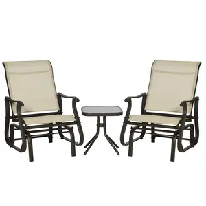 Outsunny 3-Piece Outdoor Gliders Set Bistro Set with Steel Frame, Tempered Glass Top Table for Patio, Garden, Backyard, Lawn, Light Mixed Brown