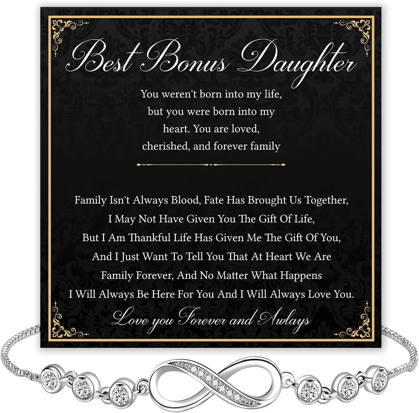 Infinity Bracelet for Bonus Daughter – Sentimental Jewelry Gift with Engraved Message Card, Thoughtful Present from Stepmom or Dad, Ideal for Stepdaughter Birthday, Christmas, Graduation, or Wedding Celebration Keepsake