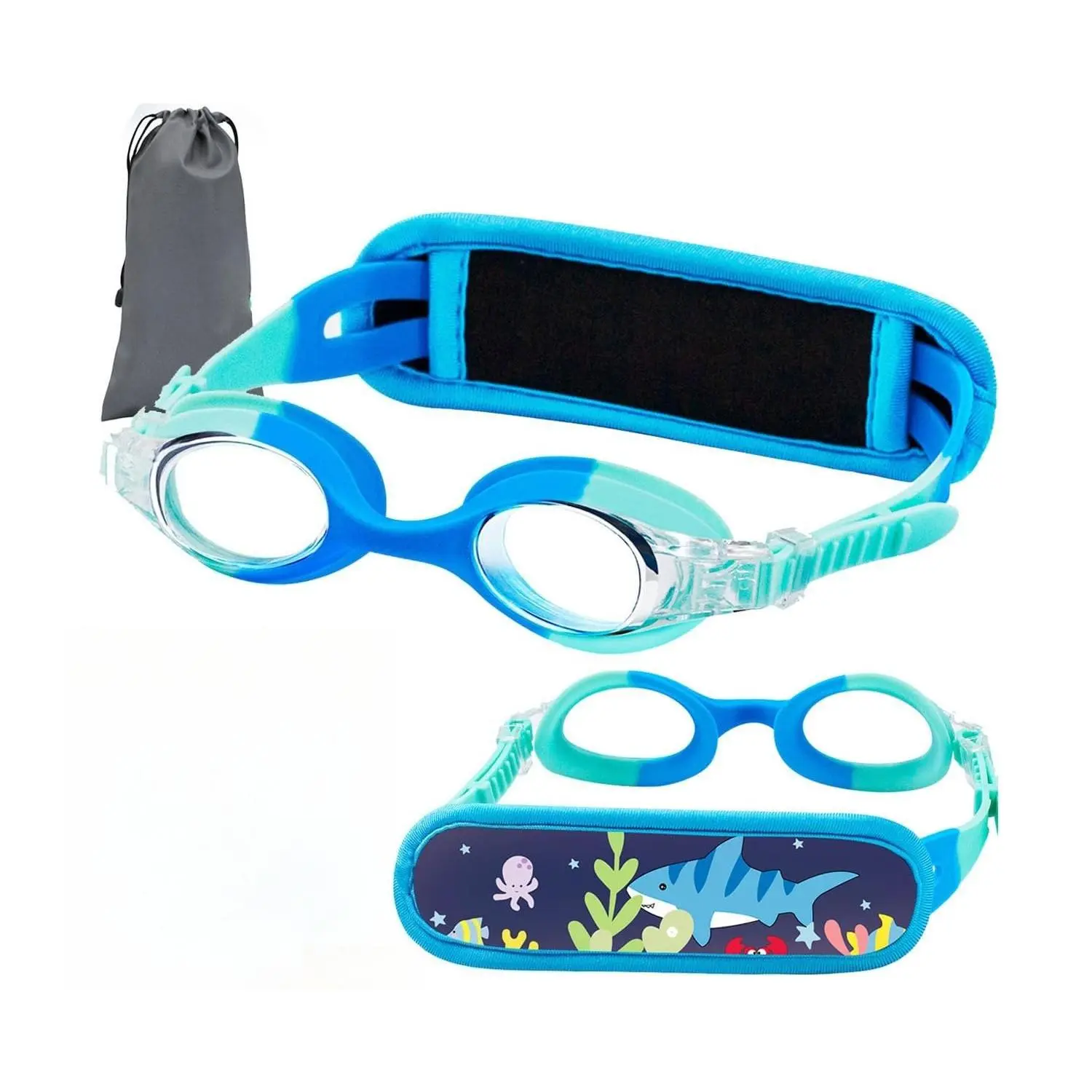 Kids' Cartoon Swimming Goggles with Silicone Frame and No-Tangle Fabric Strap, Anti-Fog & Leakproof Water Goggles for Toddlers, Adjustable with Double Seal, Swimming Accessories, Swim Kit, Fabric/Silicon, Cartoon Print, Sun Protection, 3 - 4 Years, Childr