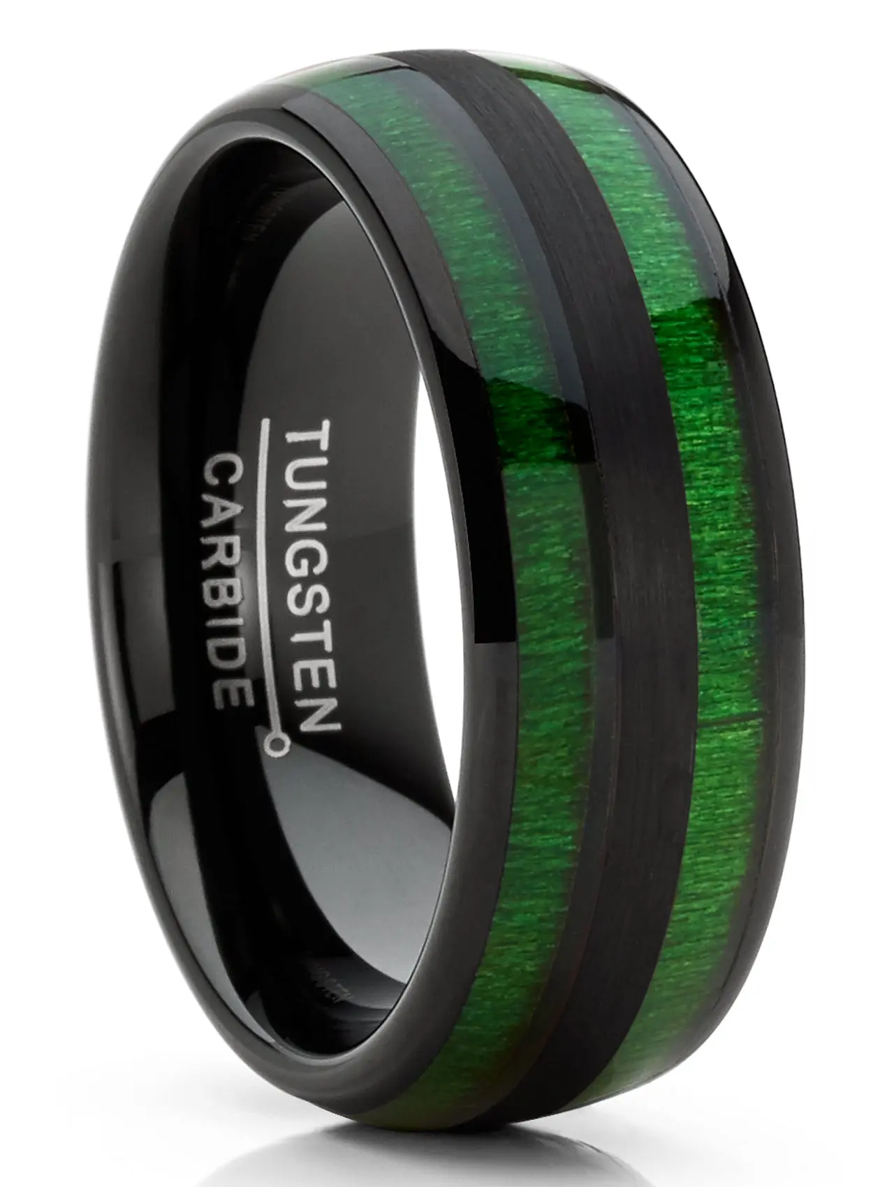 Black Tungsten Ring for Men, 8mm Dome Shape Wedding Band with 2 Rows Jade-Colored Koa Wood Inlay, Comfort-Fit, Mens Wedding Bands, Two Rows