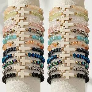 12/24pcs Bohemian Colorful Faux Artificial Crystal Beaded Bracelet Set with Turquoise Cross Pendant, Suitable for Festive Gifting And Casual Attire