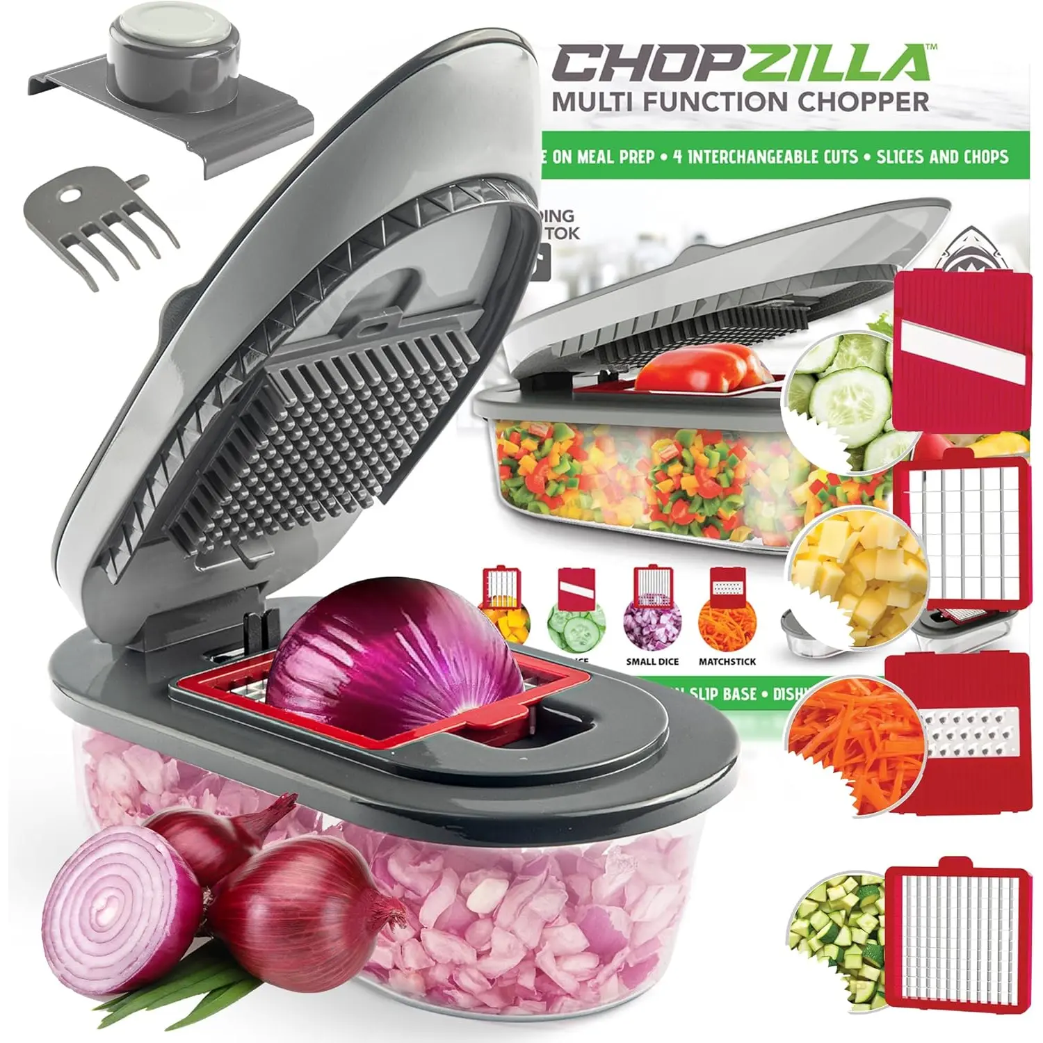 Chopzilla All-in-1 Vegetable Chopper & Mandoline Slicer with Container, 4 Blades & Scraper – Sharp Veggie Cutter, Salad Dicer & Food Chopper Chopzilla All-in-1 Vegetable Chopper & Mandoline Slicer with Container, 4 Blades & Scraper – Sharp Veggie Cutter, Salad Dicer & Food Chopper