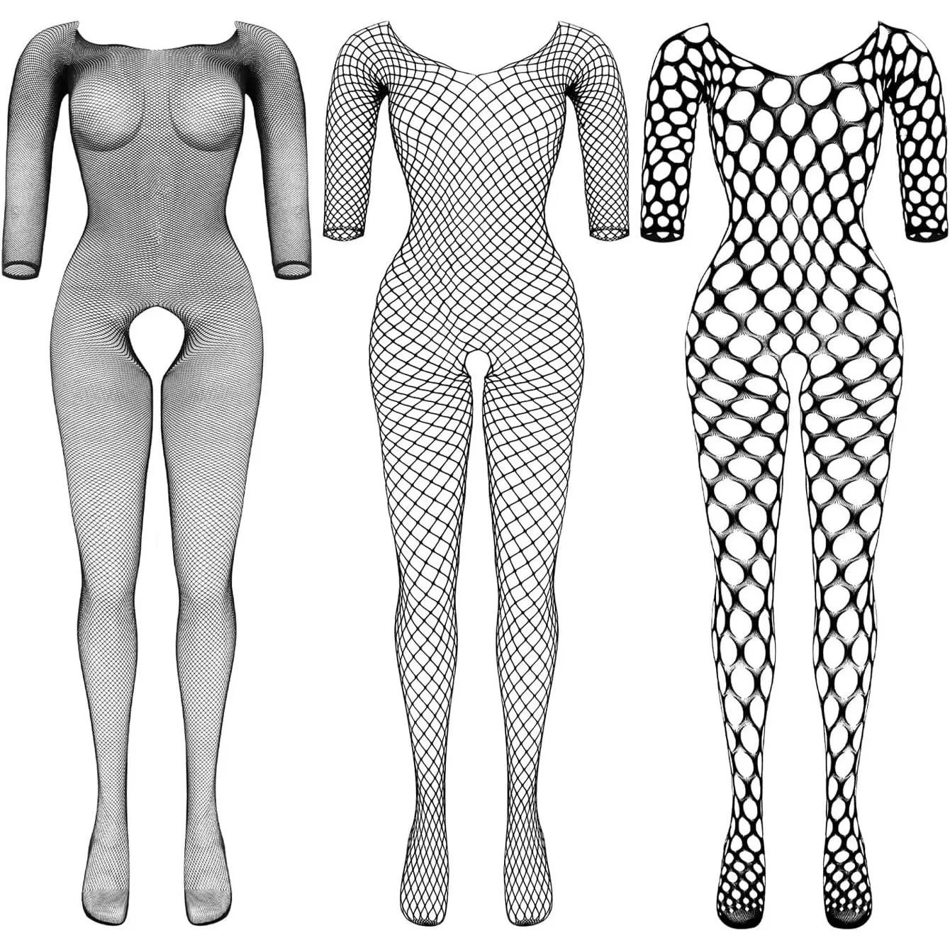 3 Packs Women Fishnet Bodysuits Mesh BodyStocking Fishnet Lingerie Long Sleeve Bodysuits One Piece Jumpsuit