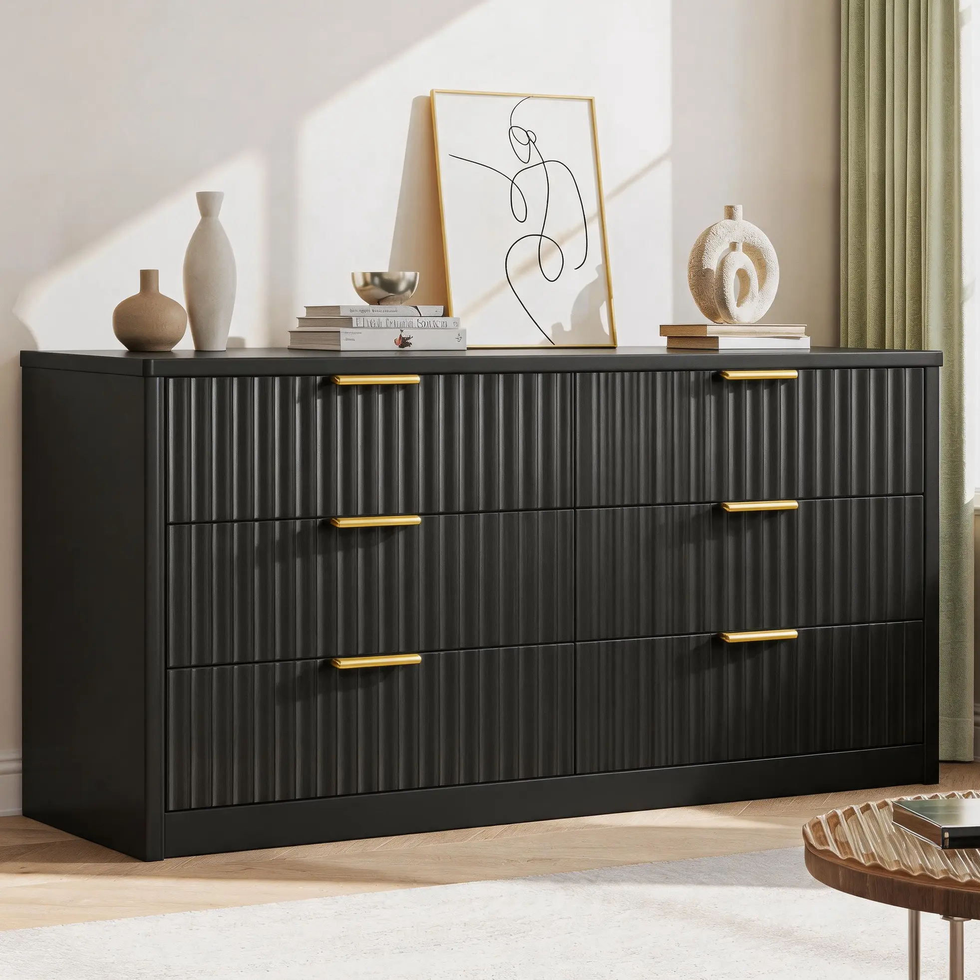6-Drawer Fluted Dresser - 47.2" Extra-Wide Waterproof Durable Wood Chest, Smooth Metal Slides, Stable Base, Modern Closet Drawer Storage Wardrobes for Bedroom, Nursery