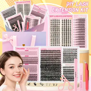 1268 clusters of eyelashes in a gift box, 30D/40D/100D (length 9-16mm), including voluminous, cat-eye, and natural styles. The fine bands are delicate and natural, suitable for everyday wear and parties. Includes adhesive and eyelash curler.