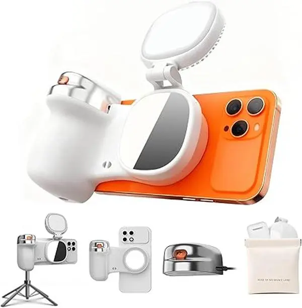 Magnetic Selfie Light & Phone Camera Grip Accessory - Compact Handheld Creator Kit with Detachable Bluetooth Wireless Shutter, Ergonomic Design, Native Camera Support, Tripod Mount for iPhone & Android Devices