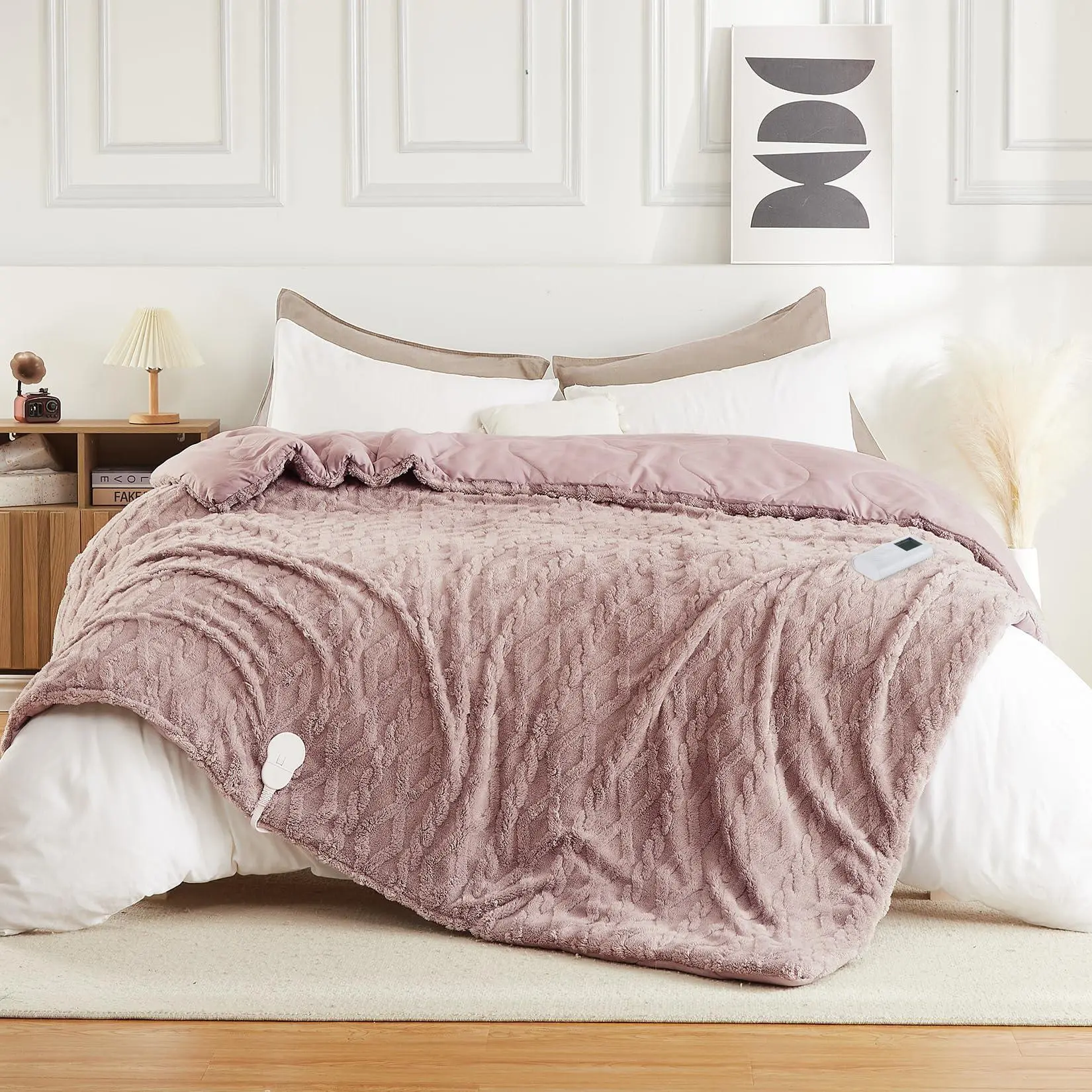 Garvee Electric Heated Blanket Comfoter Quilt, Soft Washable Heating Blankets with Controls, Auto Shut-Off, Pink 104"*90" King Size