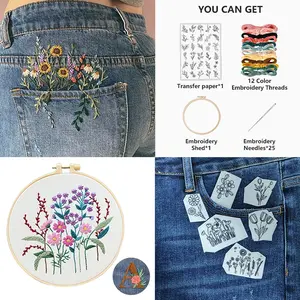 Vogatiques Handmade Embroidery DIY Kit Includes Self-Adhesive Stickers Tools and Threads – Floral Plant and Animal Patterns for Customizing Clothing Pattern Embroidery and Floral Themes Perfect for Jeans