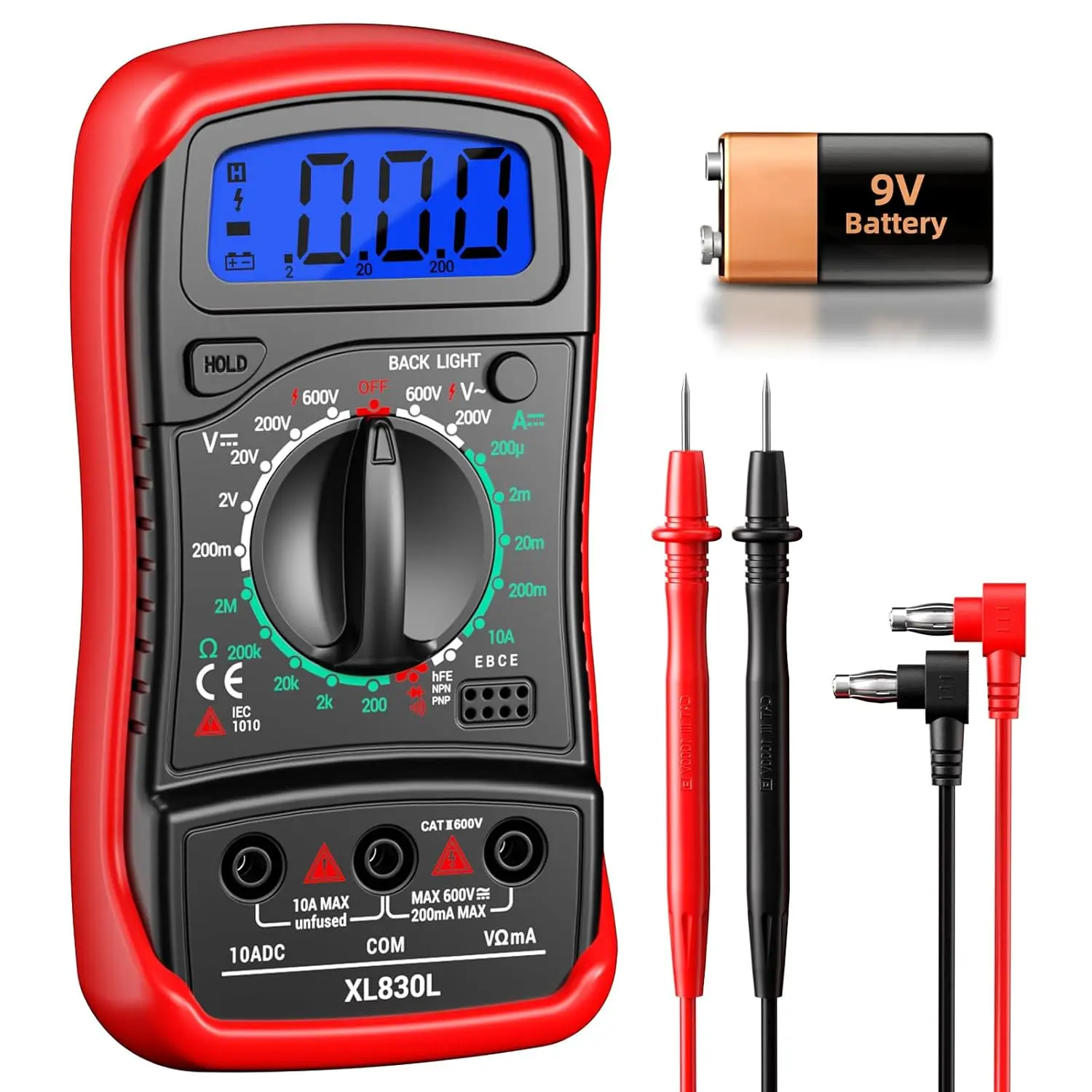 Multimeter with Case,DC AC Voltmeter,Ammeter Ohmmeter,Measures Voltage,DC Current,Resistance,Diodes,hFE Transistor,Backlit Screen,Data Retention,Multi Tester for DIY Home Electrical Testing RED