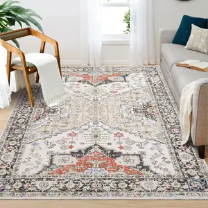 【GARVEE】9x12 Area Rugs for Living Room Washable Rug Large Vintage Farmhouse Rug Non-Slip Non-Shedding Medallion Distressed Carpet Boho Soft Bedroom Rugs for Playroom Nursery Home Office Dorm Beige