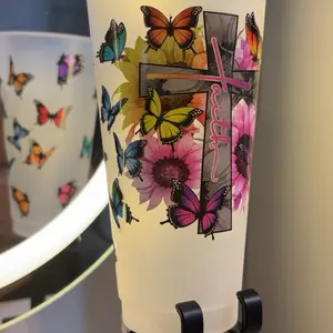 27oz Clear Plastic Cup with Flower and Butterfly Wrap with Name Design Faith