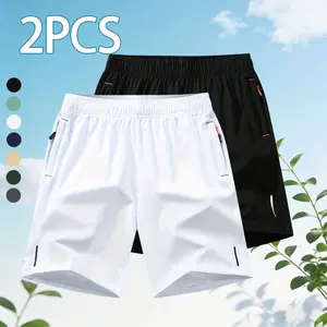 Pack of 2 men’s  shorts: solid-color drawstring pocket outdoor casual  and men’s -waist pocket sports sweatpants for everyday wear.  breathable, and cool—comfortable for running and gym workouts in summer. Quick-Dry Elastic Athletic Shorts Set