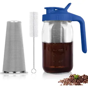 Cold Brew Coffee Maker,32 oz Mason Jar Pitcher with Stainless Steel Filter, Pour Spout Handle Lid, Heavy Duty Glass Airtight & Leak-Proof Pitcher for iced coffee  Lemonade-Blue
