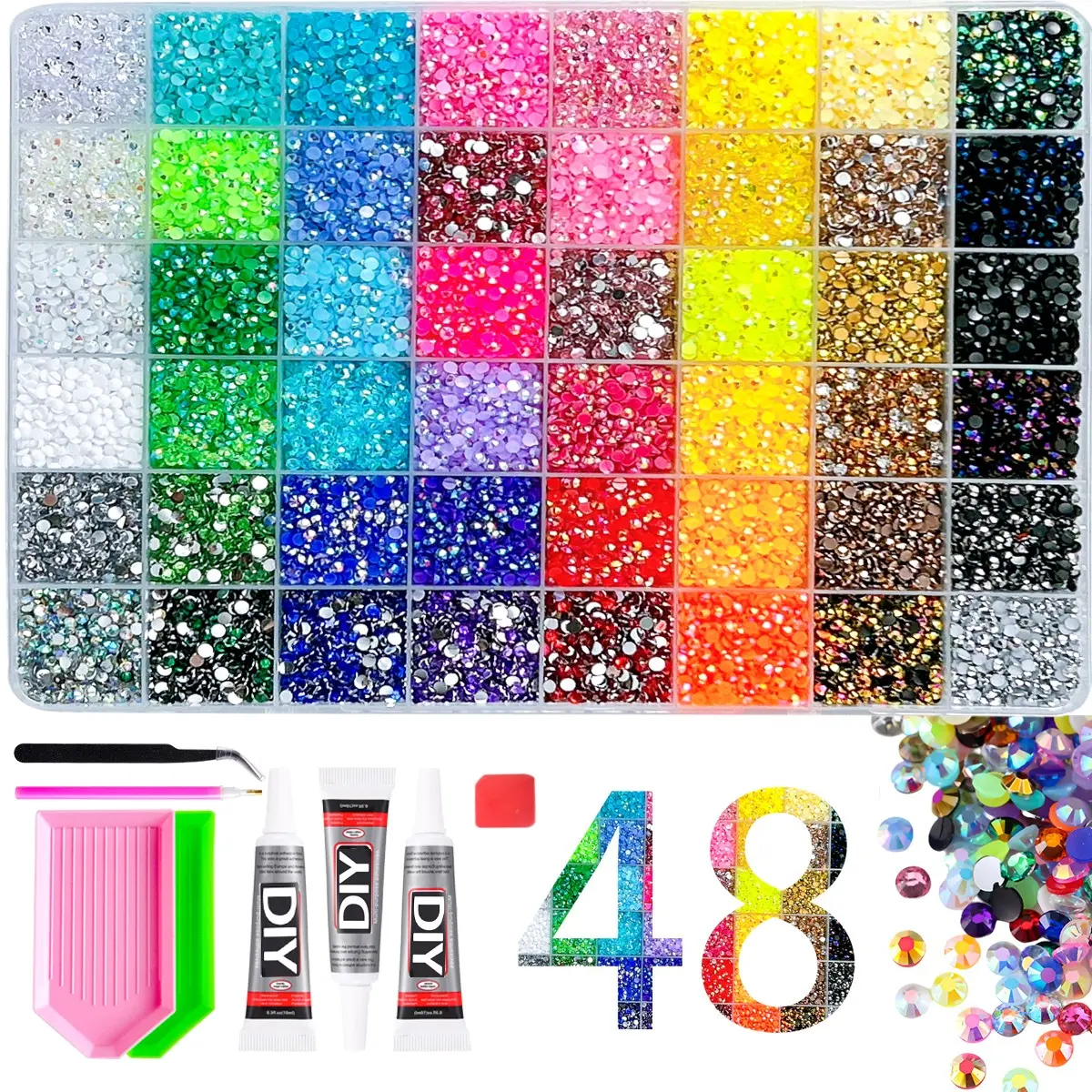10000+pcs Shimmering Nail Rhinestone Set, Multi-Color Flashy Ab Crystal Glitter, DIY Nail Decoration Kit with Tools,  48 Grids Multicolor Rhinestones - AB Crystal & Jelly Rhinestones with DIY Glue, Tweezers & Pickup Pen, Nail Art & Bedazzling Supplies