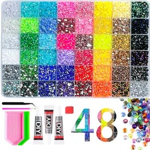 10000+pcs Shimmering Nail Rhinestone Set, Multi-Color Flashy Ab Crystal Glitter, DIY Nail Decoration Kit with Tools,  48 Grids Multicolor Rhinestones - AB Crystal & Jelly Rhinestones with DIY Glue, Tweezers & Pickup Pen, Nail Art & Bedazzling Supplies