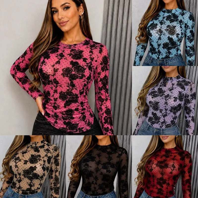 Women's Body-Hugging Stretch Mesh Blouse - M0010 Long-Sleeve Button-Front Shirt with Rhinestone Statement Details, Soft Fabric, Dressy Casual Piece for Skirt Matching, Shirts, Top, Comfortable, Fitted