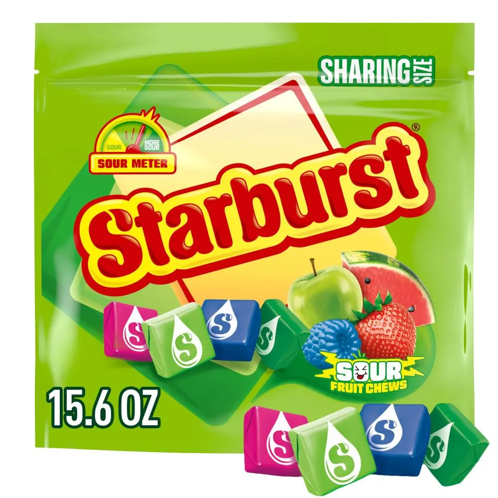 STARBURST Sour Chewy Candy Fruit Chews, Share Size Resealable 15.6 Oz Bag | Individually wrapped sour chewy candy fruit chews sour variety resealable bag for home, office, lunch, travel, gluten free