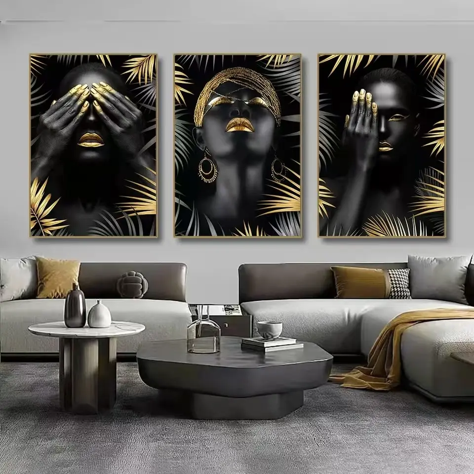 3pcs African Women and Black Gold Leaf Canvas Painting Modern Style Wall Art Poster Printing Living Room Home Decoration Art Work For Wall Decor Unframed Wall Art Frameless Hanging Painting Modern Art Design