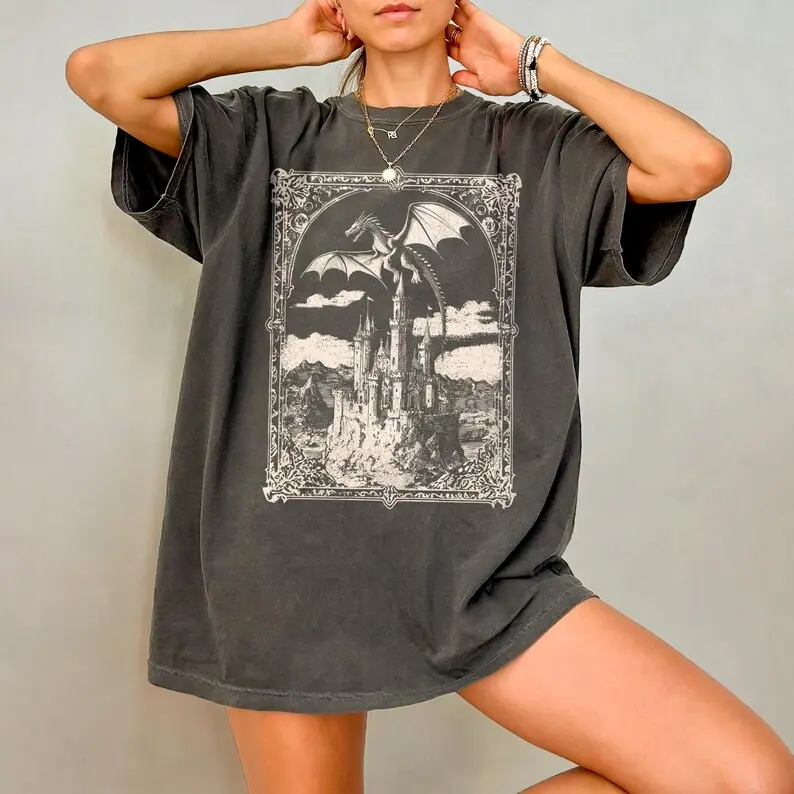 Comfort Colors Vintage Dragon Vintage T-shirt Dark Medieval Artsy Tshirt Gift For Fantasy Reader Castlecore Dragon Lover Gift