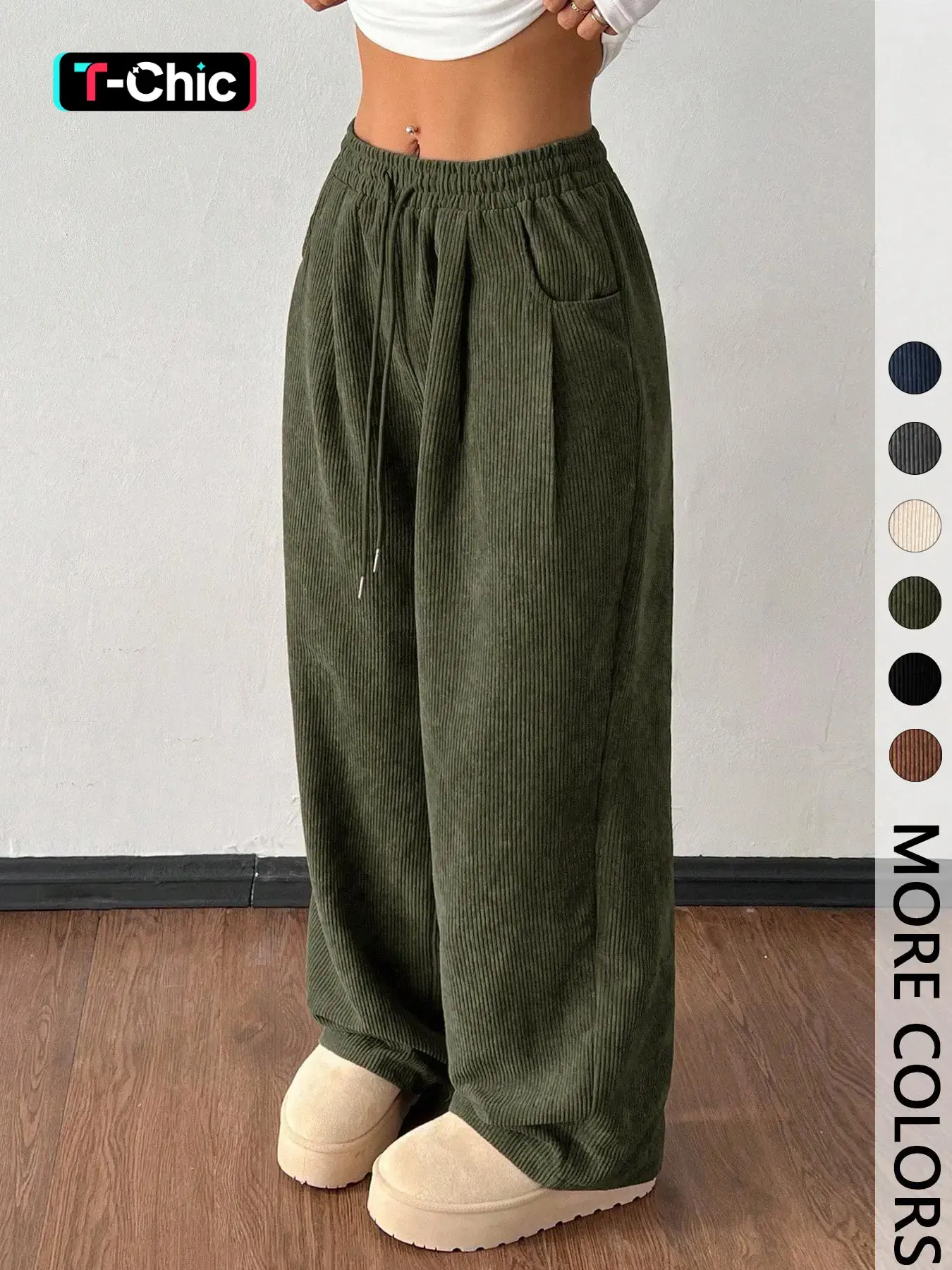 Women's Vintage Corduroy Adjustable Drawstring Pants, Loose-Fitting Basic Casual Autumn & Winter Bottoms, Casual Chic Ladies' Textured Long Trousers, Womenswear, Casual Streetwear Trousers, Casual Fashion Pants